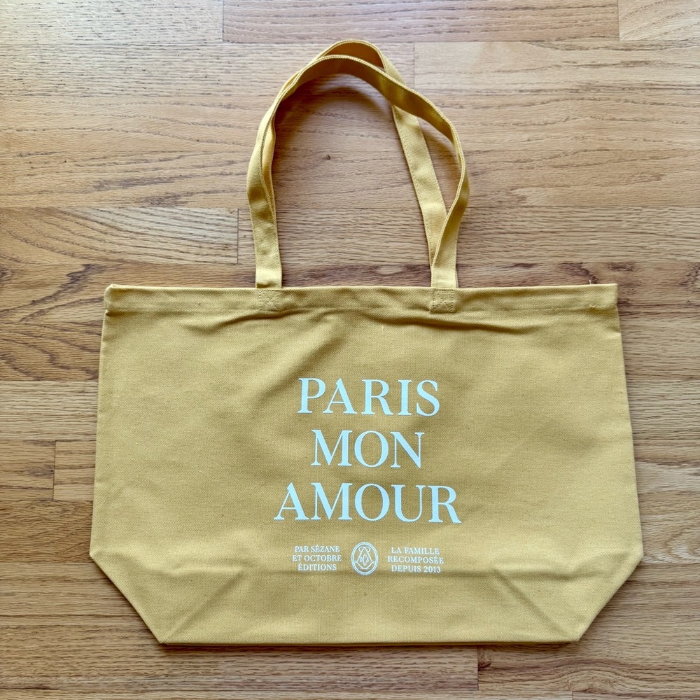 Sezane Yellow Paris Mon Amour Canvas Tote Bag with Bottom Gusset NWOT